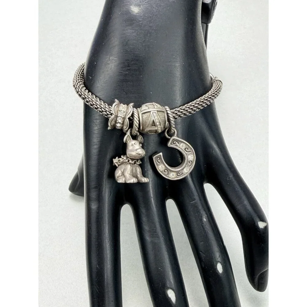 Brighton Charm Bracelet Dog Horseshoe Letter A Silver Tone Chain 7" - Picture 2 of 6